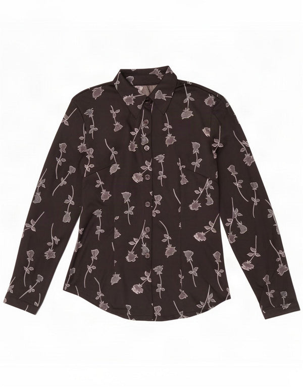 Vintage γυναικείο πουκάμισο μπλούζα UK 12 Medium Black Floral Polyester