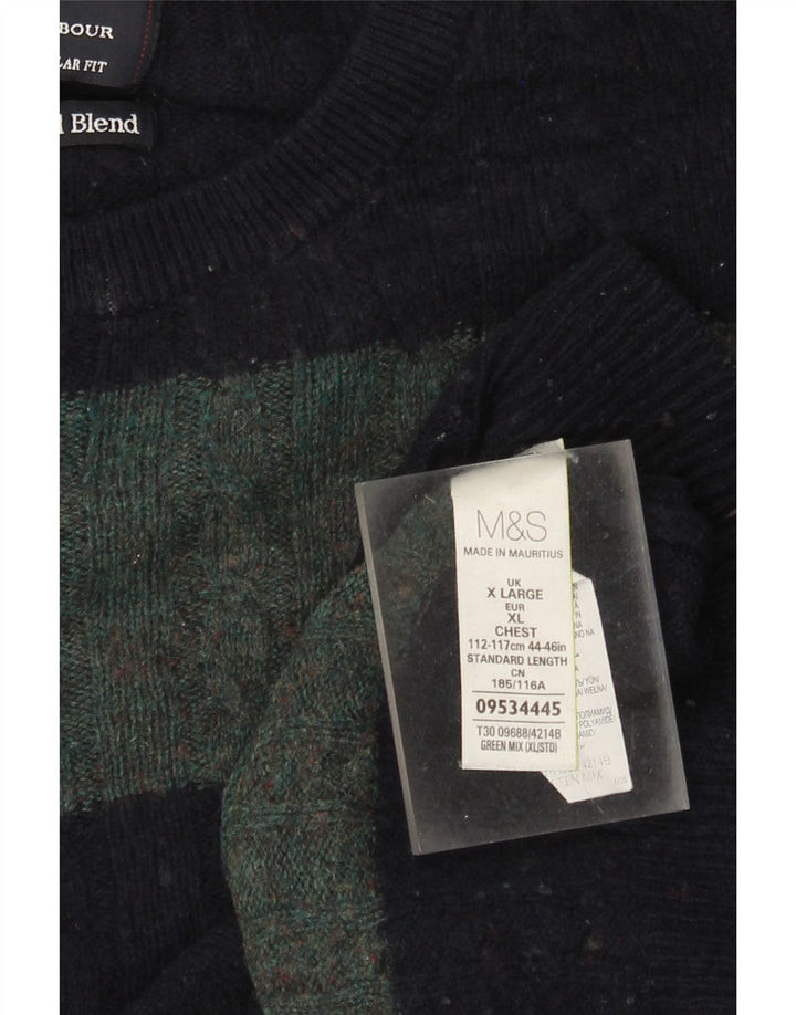 Marks & Spencer Ανδρικό πουλόβερ με λαιμόκοψη XL πράσινο ριγέ μαλλί