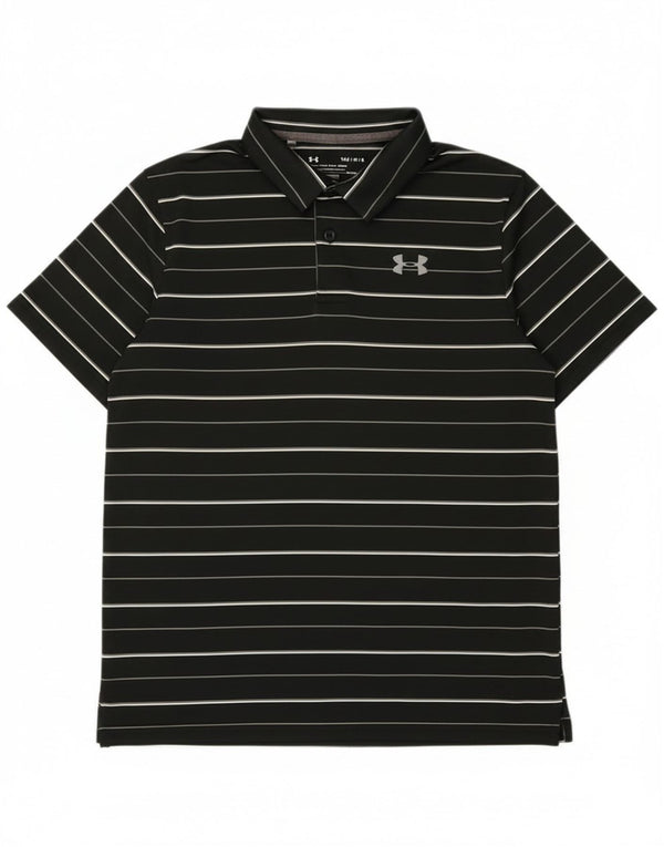 Under Armour Boys Heat Gear Polo Shirt 11-12 Years Large Black Striped