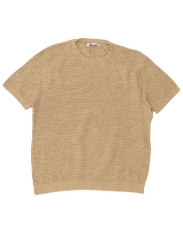 Zara γυναικείο κοντομάνικο πουλόβερ με λαιμόκοψη UK 10 μικρού μπεζ βαμβακερό