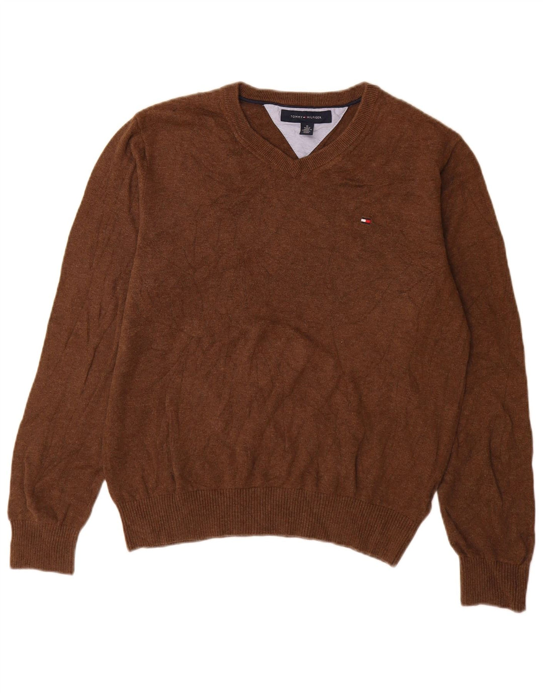 Ανδρικό πουλόβερ Tommy Hilfiger με V λαιμόκοψη, μεσαίο καφέ βαμβακερό