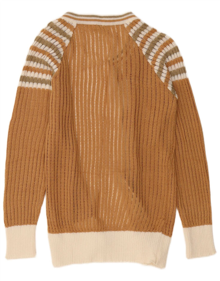 Vintage γυναικείο ανοιχτό πουλόβερ UK 10 Small Brown ριγέ πολυαμίδιο