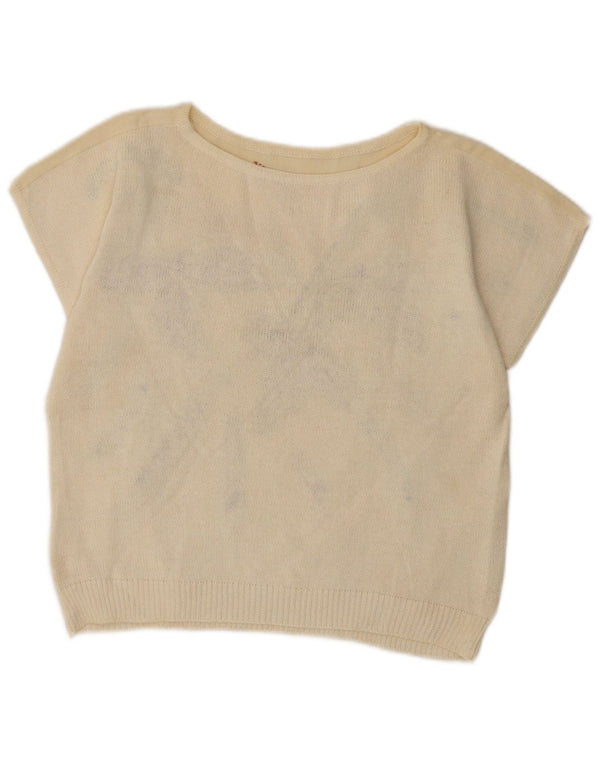 Vintage Γυναικεία Crop Μπλούζα UK 14 Medium Off White Floral