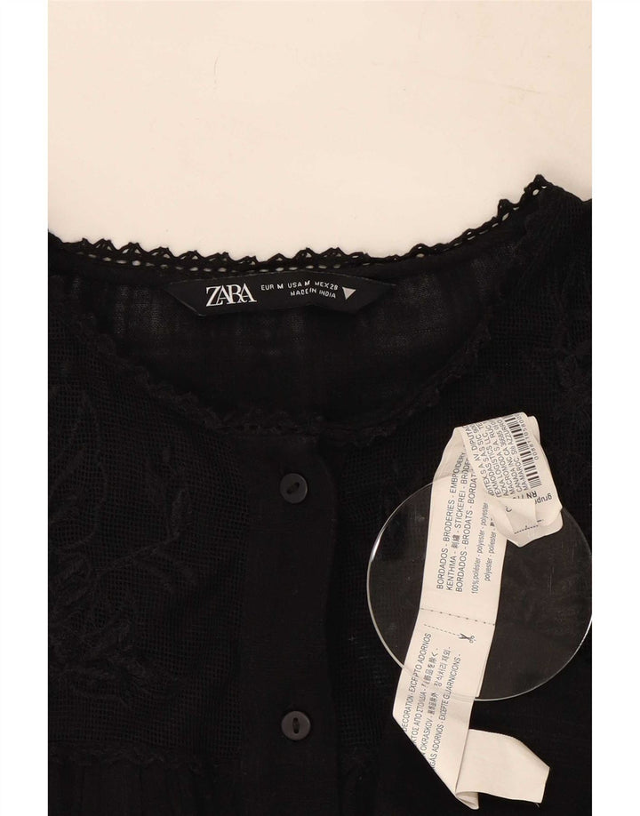 Zara γυναικείο πουκάμισο μπλούζα UK 14 Medium Black Floral Polyester