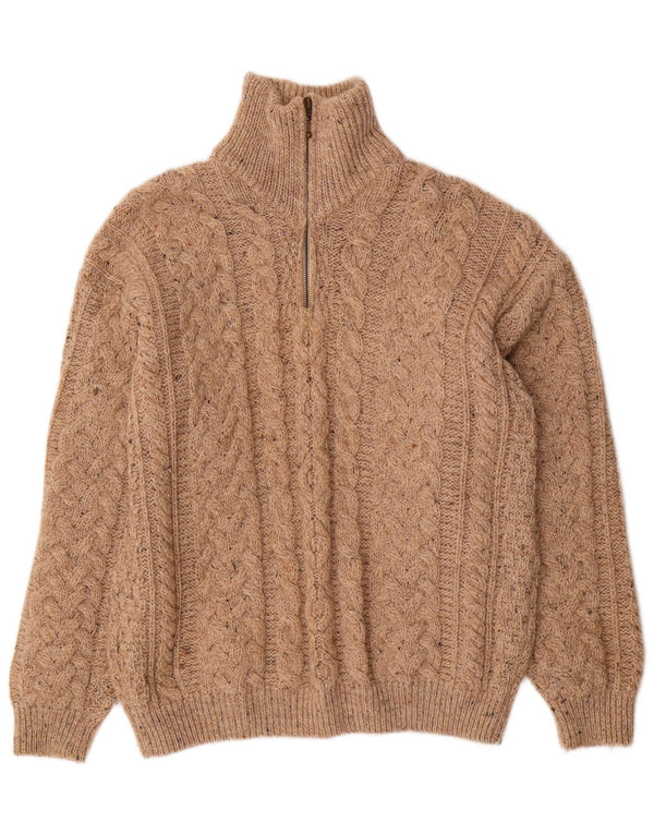 Carraig Donn Mens Loose Fit Zip Neck Jumper Sweater Small Beige Virgin Wool