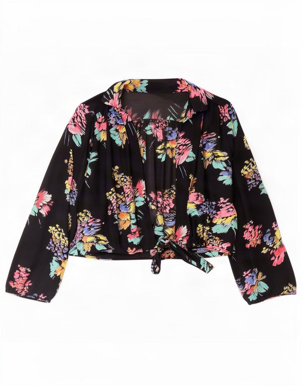 Vintage Γυναικείο πουκάμισο Crop Μπλούζα UK 16 Large Black Floral