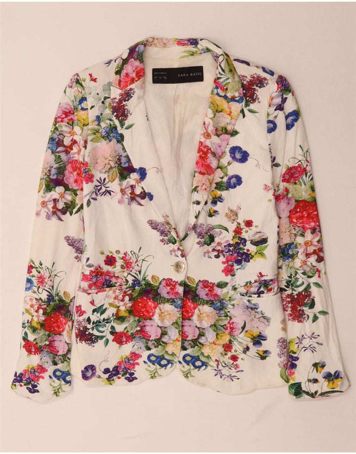 Zara Γυναικείο σακάκι 1 κουμπιού blazer UK 10 Small White Floral Viscose