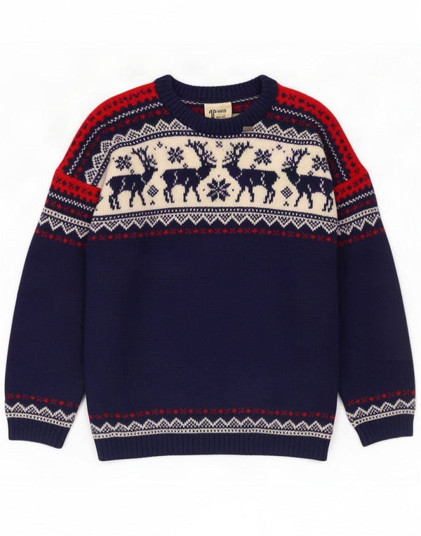 Voss Mens Crew Neck Jumper Sweater XL Navy Blue Fair Isle Winter