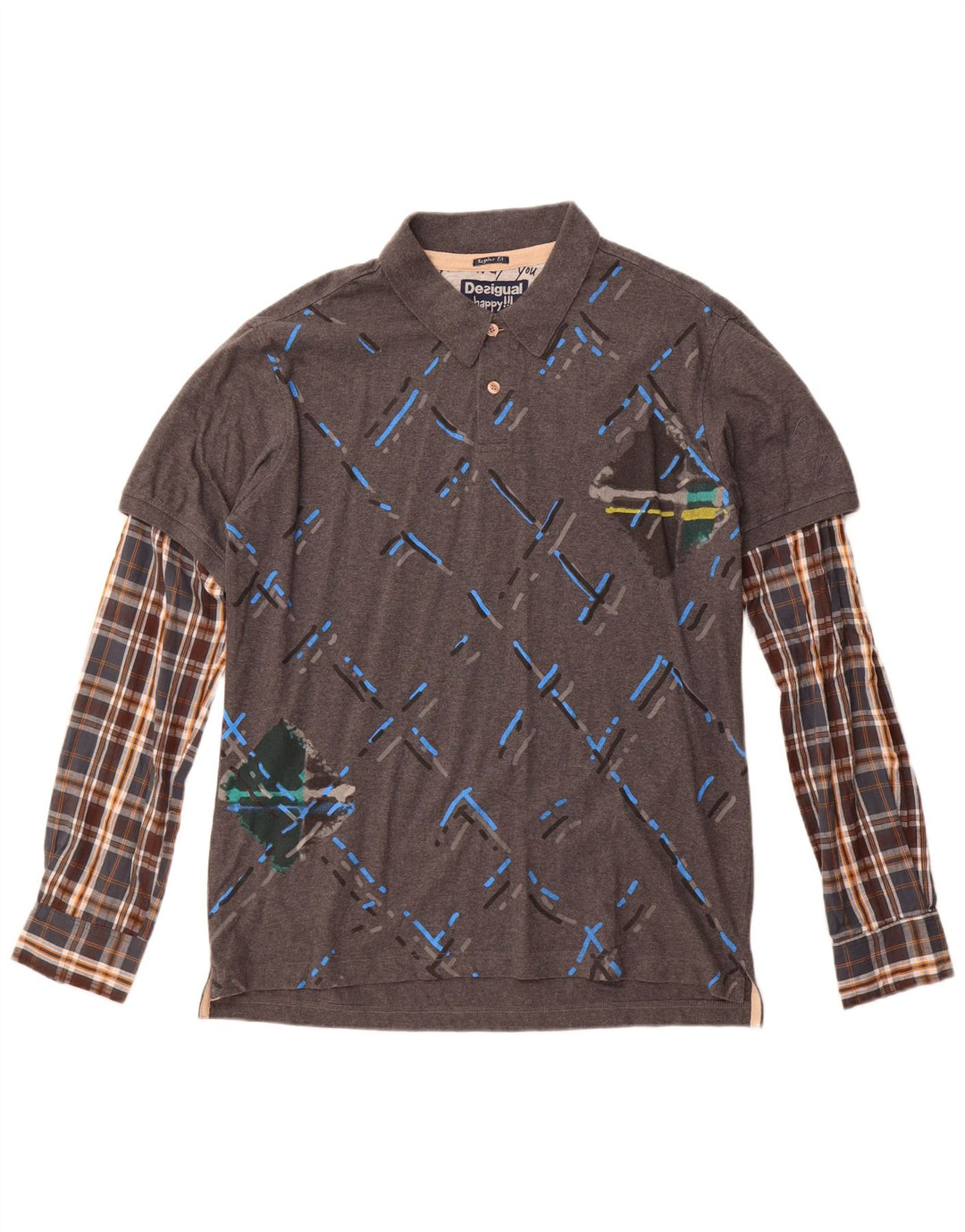 Ανδρικό μακρυμάνικο μπλουζάκι πόλο Desigual XL, βαμβακερό γκρι