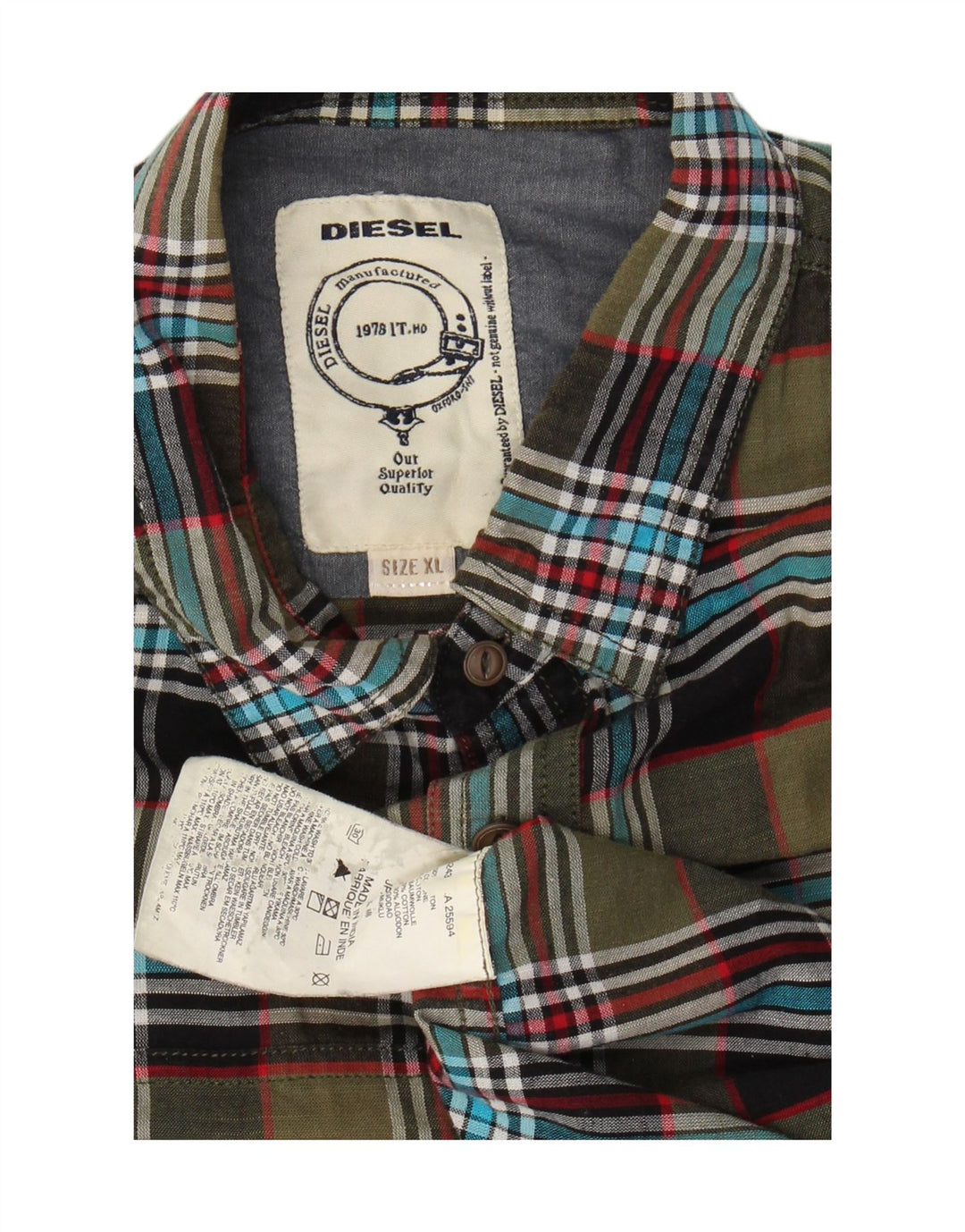 DIESEL Mens Short Sleeve Shirt XL Green Check Cotton