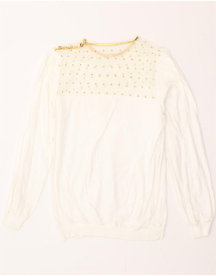 VINTAGE Womens Top Long Sleeve UK 10 Small White Spotted Vintage Vintage and Second-Hand Vintage from Messina Hembry 
