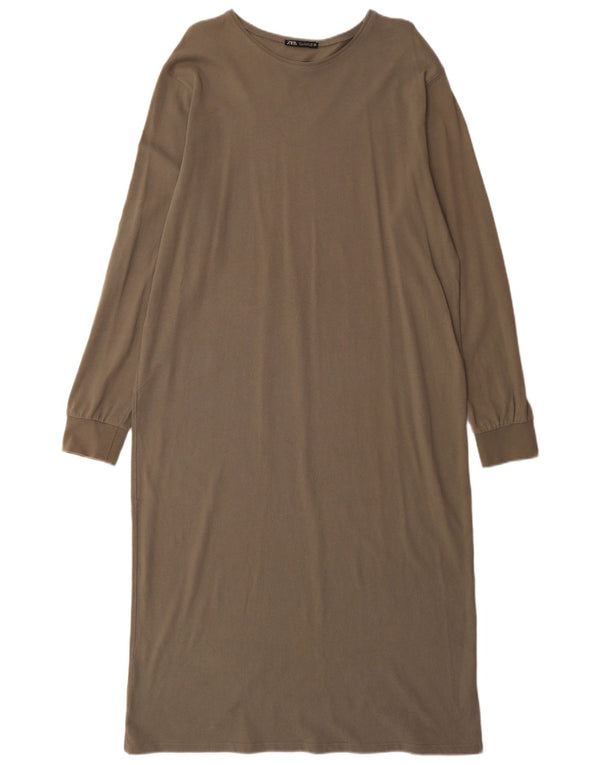 Zara Γυναικείο μακρυμάνικο μάξι φόρεμα UK 16 μεγάλο χακί βαμβακερό