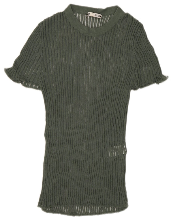 Zara Γυναικεία Πλεκτή Μπλούζα Τοπ UK 8 Small Green Viscose