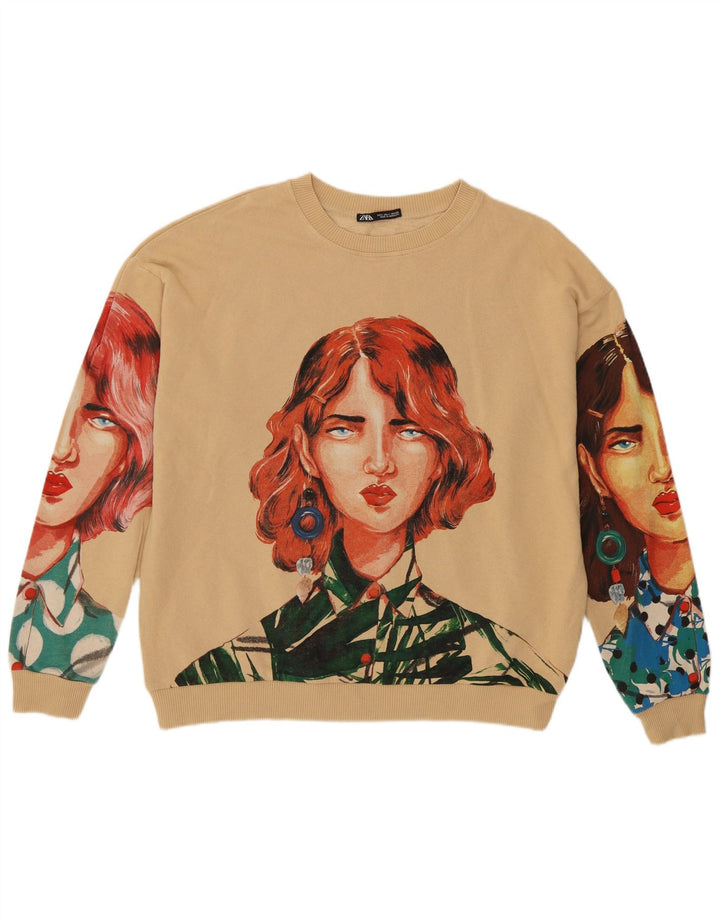 Zara Γυναικεία φούτερ με αφηρημένο σχέδιο Jumper UK 16 Μεγάλο μπεζ βαμβακερό