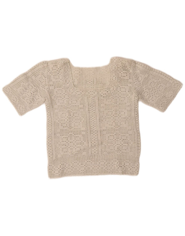 Vintage γυναικείο κοντό μανίκι Crew πουλόβερ με λαιμόκοψη UK 10 Small White