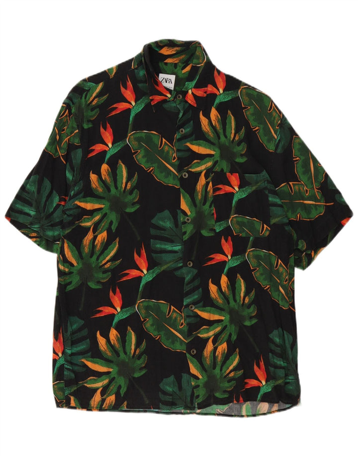 Ανδρικό κοντομάνικο πουκάμισο Zara, μεσαίο μαύρο φλοράλ βισκόζη