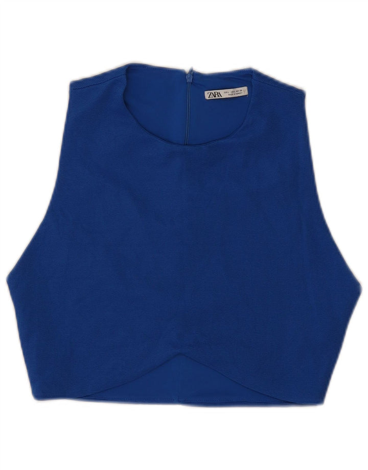 Zara Γυναικεία Crop Αμάνικη Μπλούζα Τοπ UK 14 Large Blue Polyester