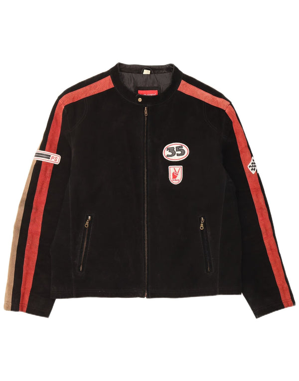 Explorer Mens Suede Bomber Jacket UK 46/48 2XL Black Colourblock Leather