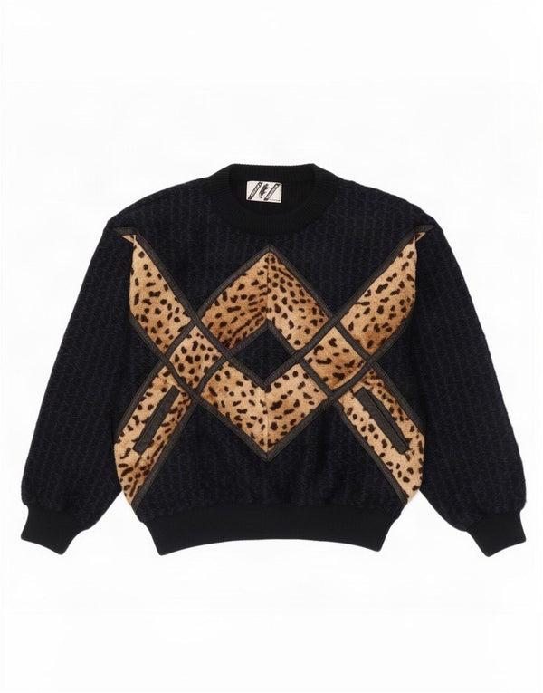 Vintage γυναικείο πουλόβερ με λαιμόκοψη UK 16 Large Black Animal Print