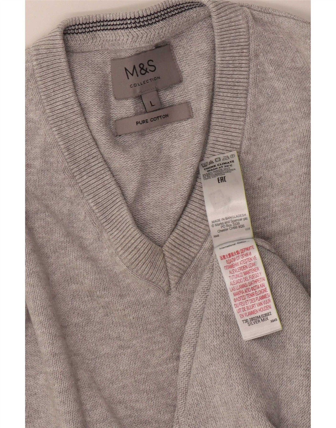 Marks & Spencer Ανδρικό πουλόβερ με λαιμόκοψη με λαιμόκοψη με μεγάλο βαμβακερό γκρι