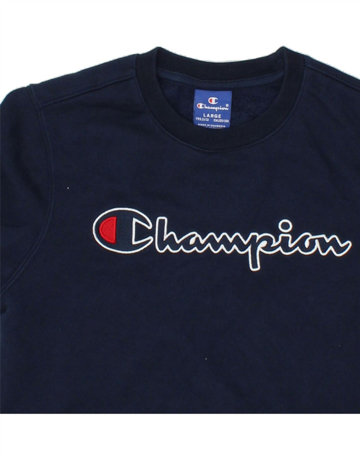 CHAMPION Boys Graphic Sweatshirt Jumper 11-12 Years Large Navy Blue Cotton | Vintage Champion | Thrift | Second-Hand Champion | Used Clothing | Messina Hembry 
