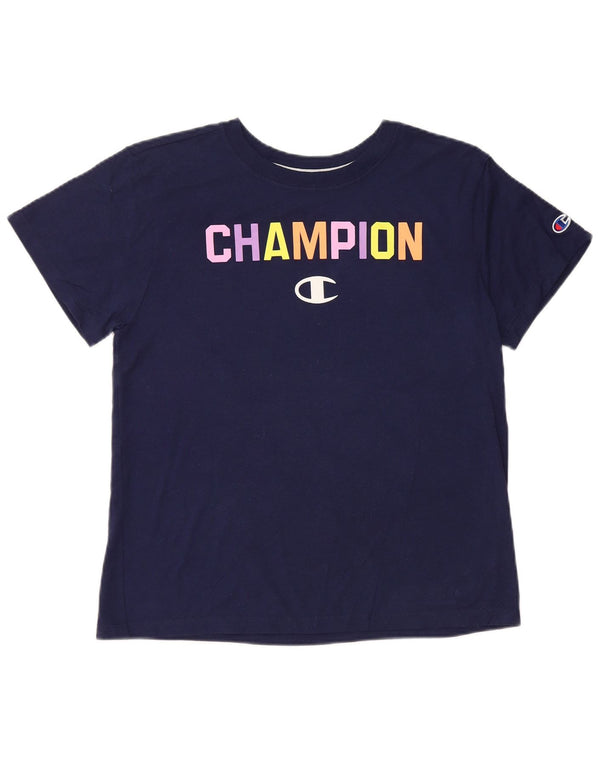 CHAMPION Γυναικείο Crop γραφικό T-shirt Top UK 14 Medium Navy Blue βαμβακερό