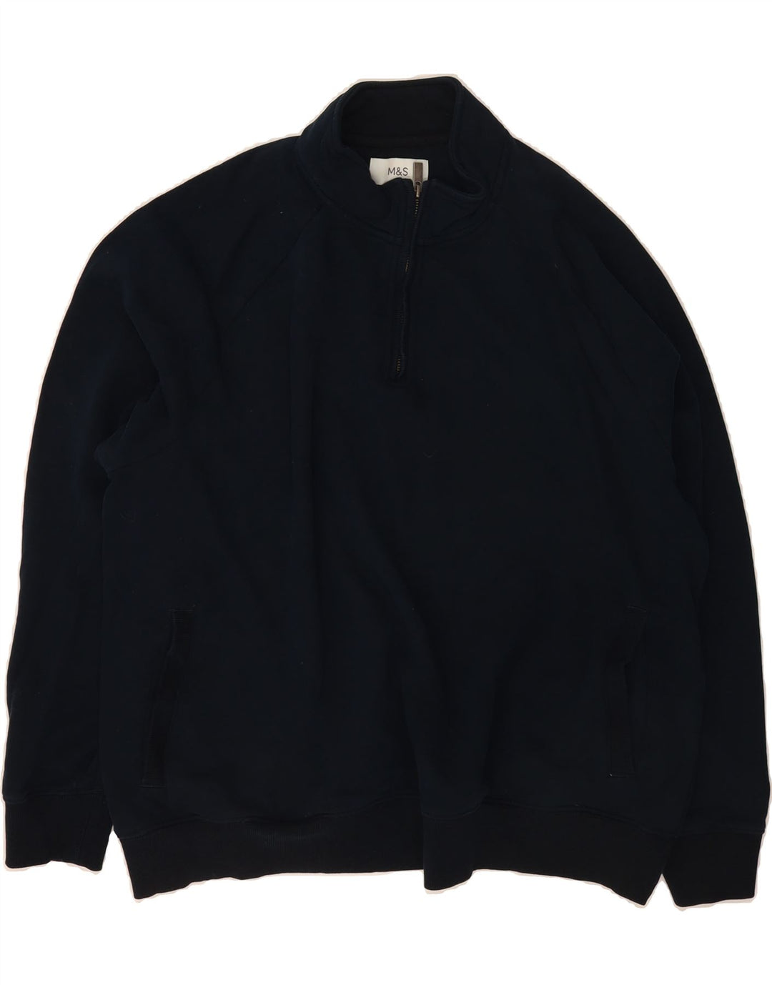 MARKS & SPENCER Mens Zip Neck Sweatshirt Jumper 2XL Navy Blue Cotton Vintage Marks & Spencer and Second-Hand Marks & Spencer from Messina Hembry 