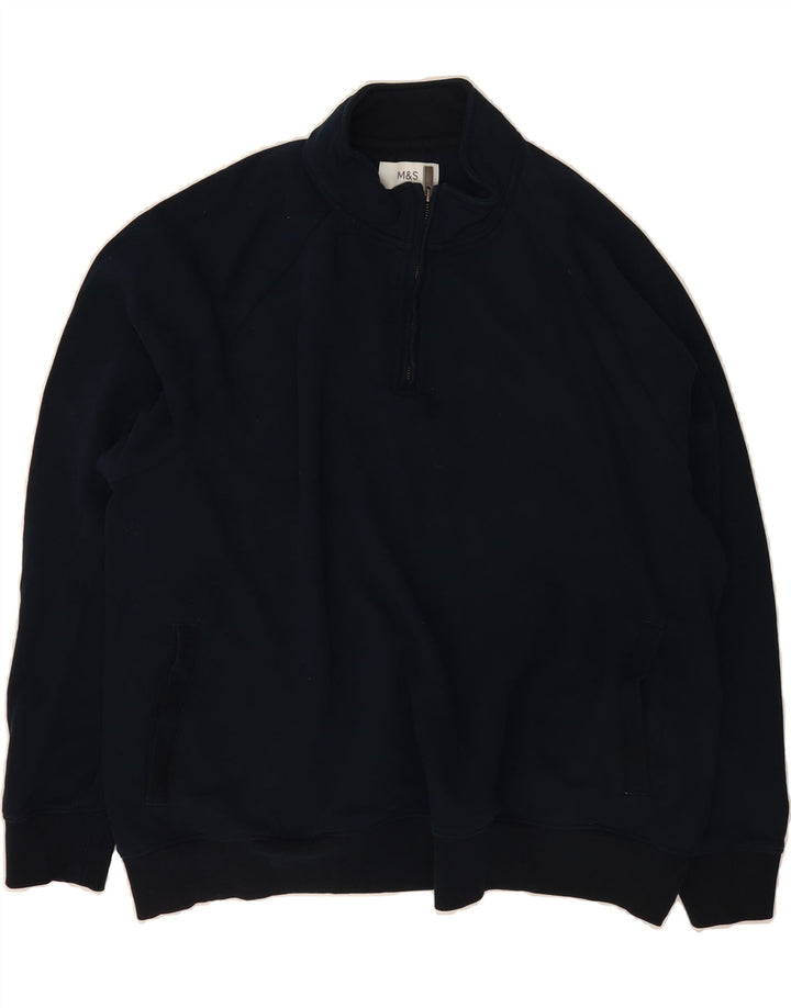 MARKS & SPENCER Mens Zip Neck Sweatshirt Jumper 2XL Navy Blue Cotton Vintage Marks & Spencer and Second-Hand Marks & Spencer from Messina Hembry 