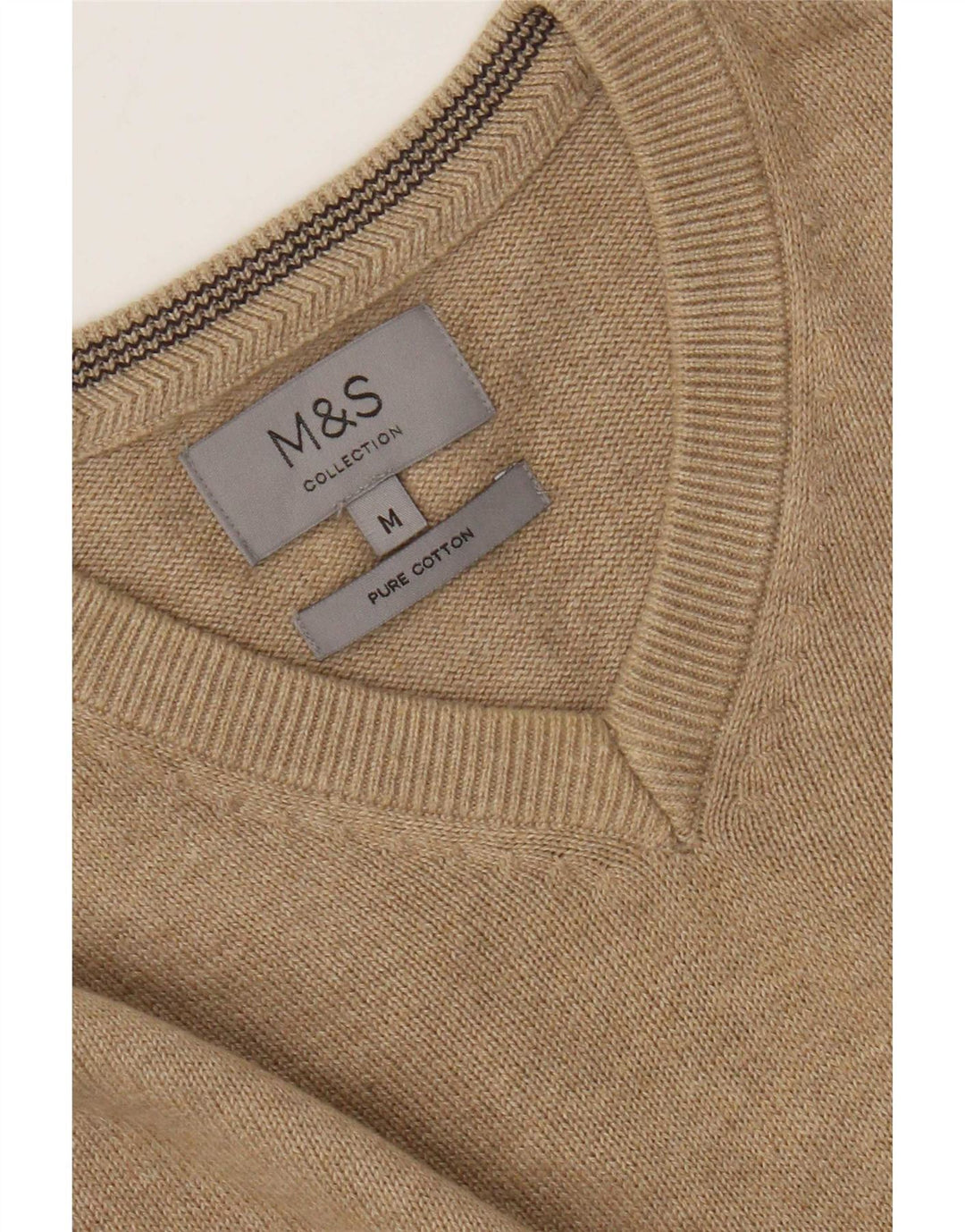 Marks & Spencer Ανδρικό πουλόβερ με λαιμόκοψη σε μεσαίο βαμβακερό μπεζ