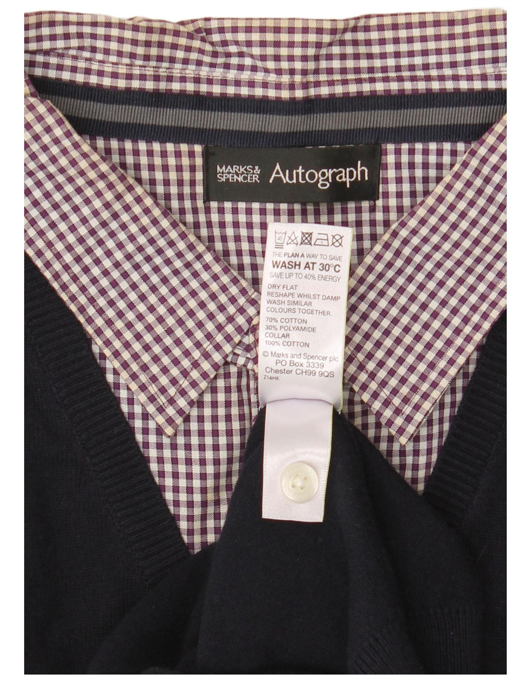 Marks & Spencer Ανδρικό αυτόγραφο πουλόβερ πουλόβερ με λαιμόκοψη με λαιμόκοψη μεγάλο, μπλε βαμβακερό