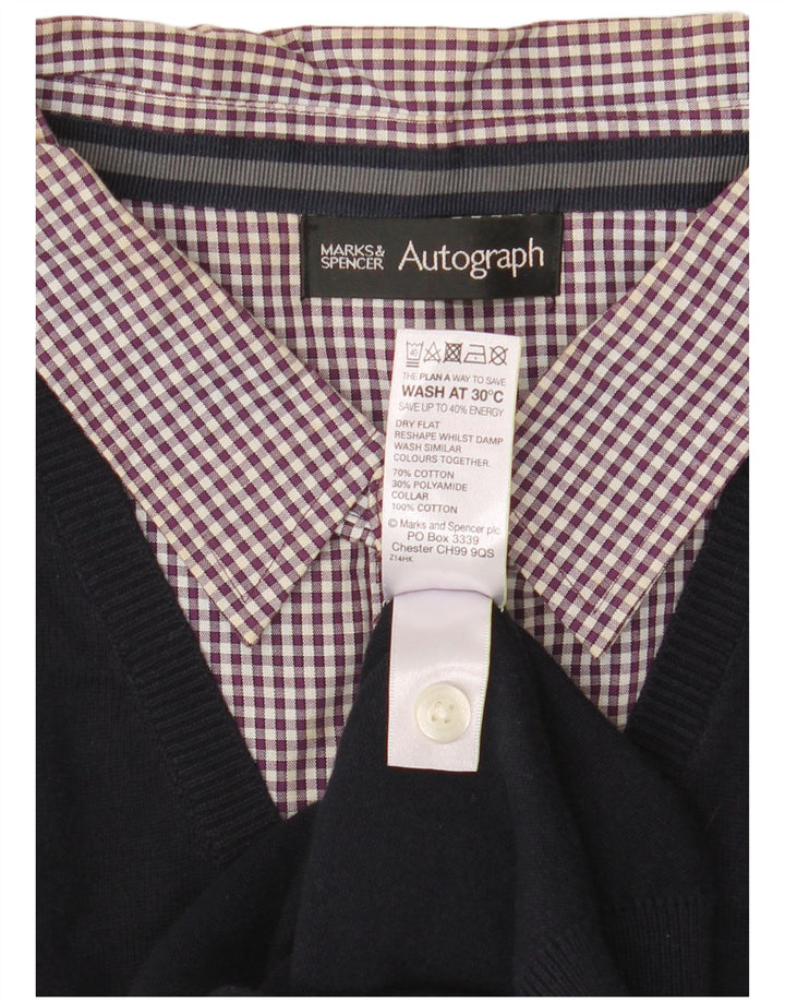 Marks & Spencer Ανδρικό αυτόγραφο πουλόβερ πουλόβερ με λαιμόκοψη με λαιμόκοψη μεγάλο, μπλε βαμβακερό