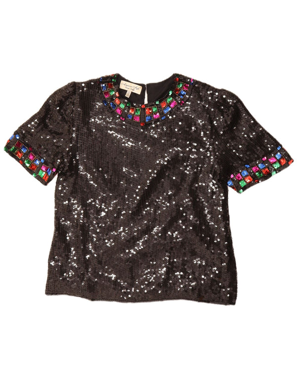 Vintage γυναικεία παγιέτα μπλούζα τοπ UK 16 Large Black Silk