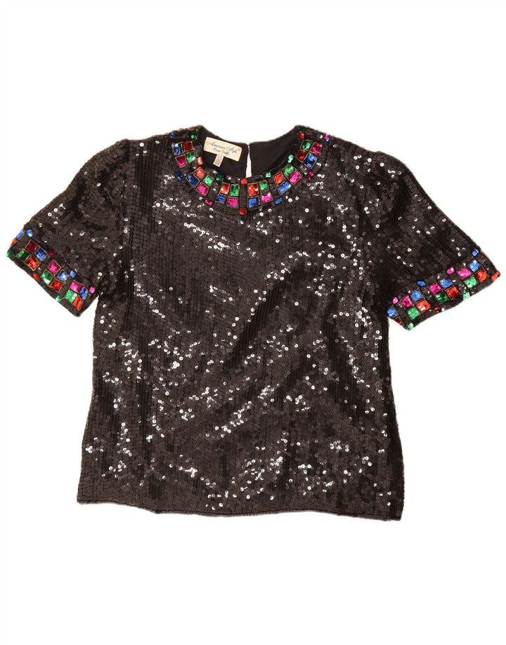Vintage γυναικεία παγιέτα μπλούζα τοπ UK 16 Large Black Silk