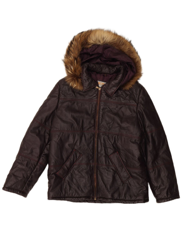 VINTAGE Γυναικείο Δερμάτινο Μπουφάν UK 16 Large Maroon με κουκούλα