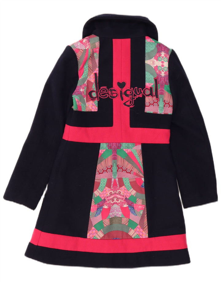 DESIGUAL Girls Graphic Overcoat 9-10 Years Navy Blue Patchwork Polyester