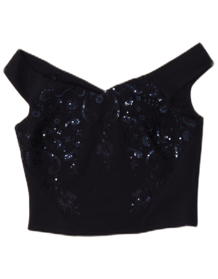 Coast Womens Crop Off Shoulder Top 10 Small Navy Blue Floral Polyester