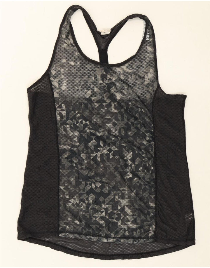 REEBOK Womens Vest Top UK 12 Medium Black Geometric Polyester Vintage Reebok and Second-Hand Reebok from Messina Hembry 