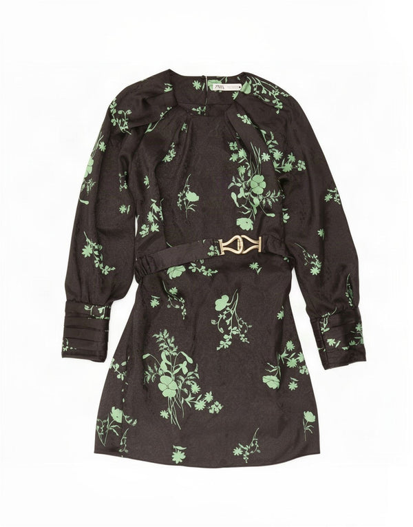 Zara Γυναικείο μακρυμάνικο φόρεμα A-Line UK 12 Medium Black Floral Polyester