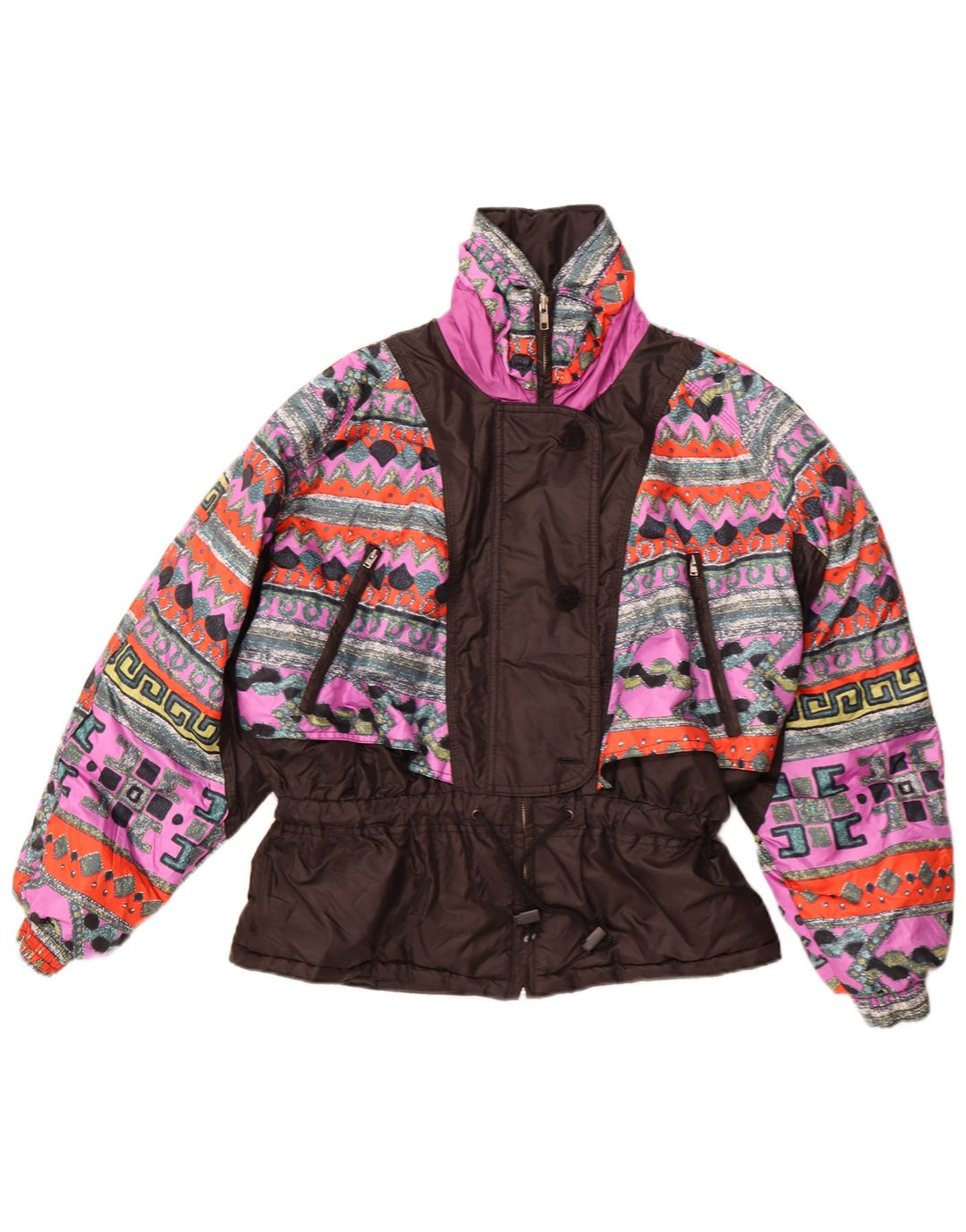 Vintage γυναικείο αντιανεμικό μπουφάν EU 42 Μεγάλο μαύρο γεωμετρικό πολυεστέρα