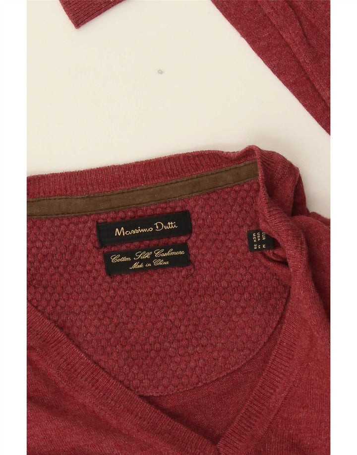 Ανδρικό πουλόβερ Massimo Dutti με V λαιμόκοψη, μεσαίο βαμβακερό μπορντό