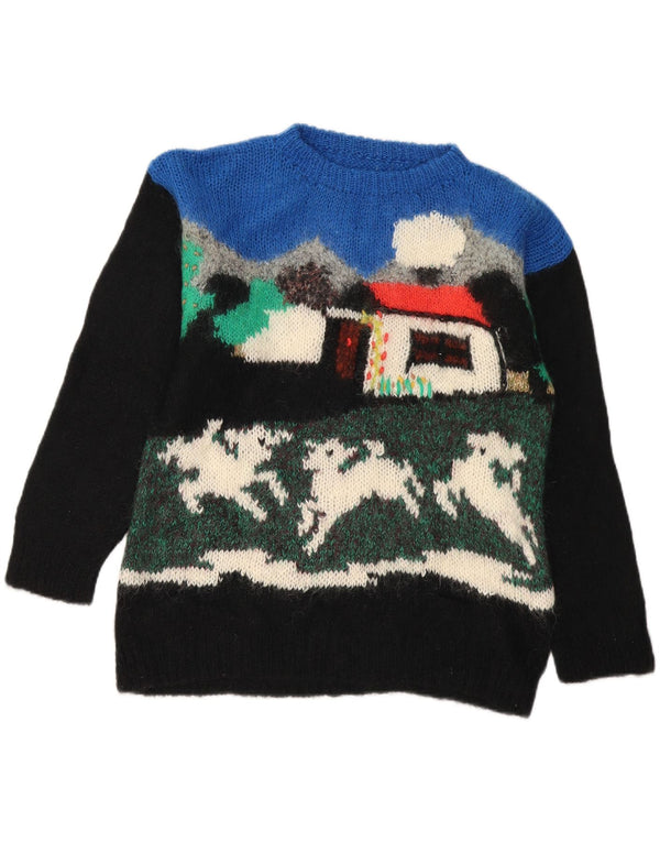 Vintage Womens Boat Neck Jumper Sweater UK 16 Large Black Colourblock Wool