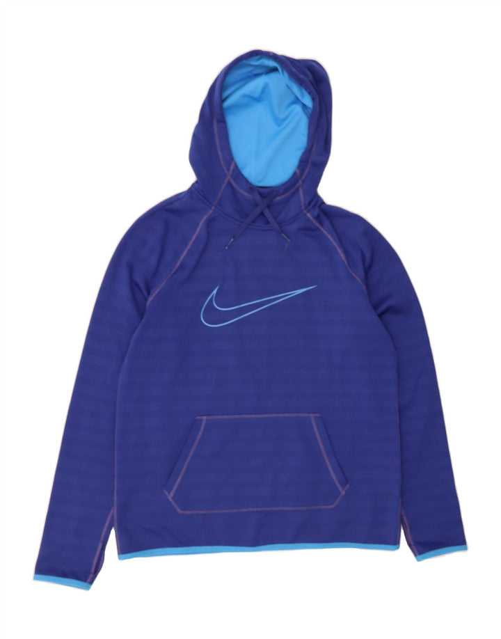 NIKE Womens Graphic Hoodie Jumper UK 14 Medium Blue Striped Polyester Vintage Nike and Second-Hand Nike from Messina Hembry 