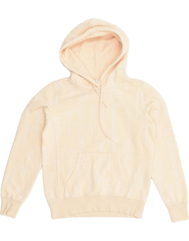 CHAMPION Womens Graphic Hoodie Jumper UK 10 Small Beige Cotton | Vintage Champion | Thrift | Second-Hand Champion | Used Clothing | Messina Hembry 