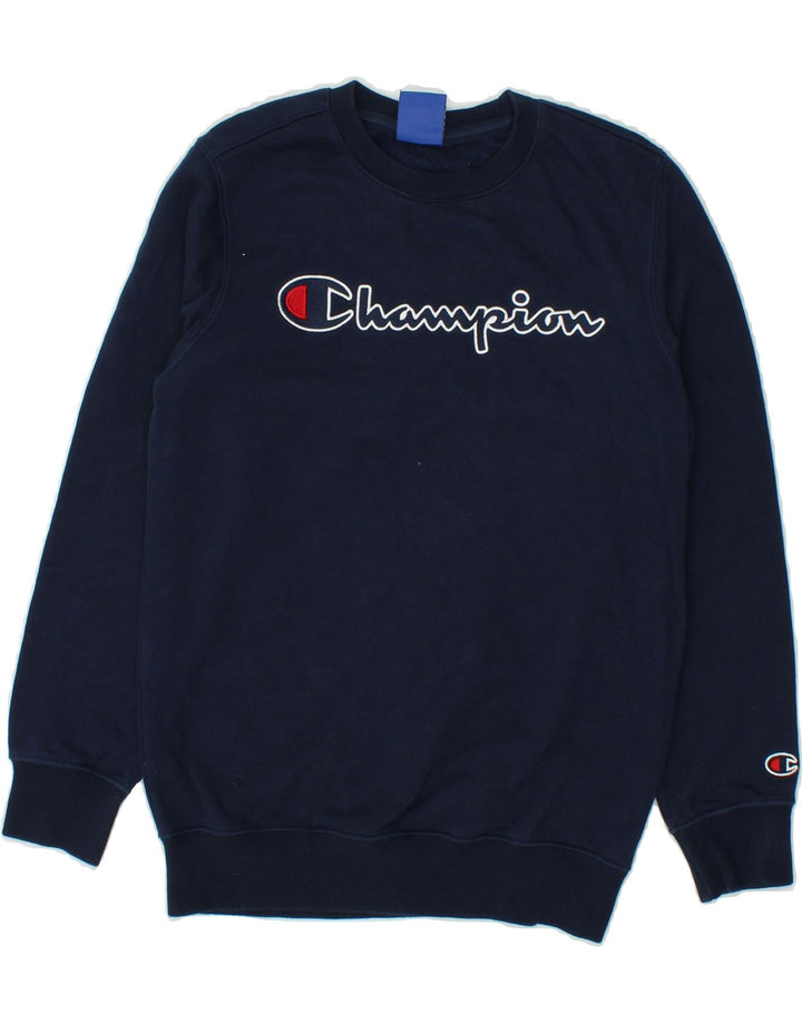 CHAMPION Boys Graphic Sweatshirt Jumper 11-12 Years Large Navy Blue Cotton | Vintage Champion | Thrift | Second-Hand Champion | Used Clothing | Messina Hembry 