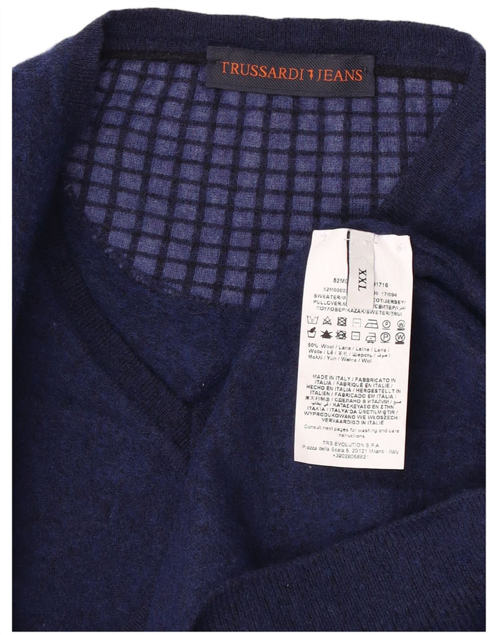 TRUSSARDI Ανδρικό πουλόβερ με V λαιμόκοψη 2XL Μαλλί Navy Blue