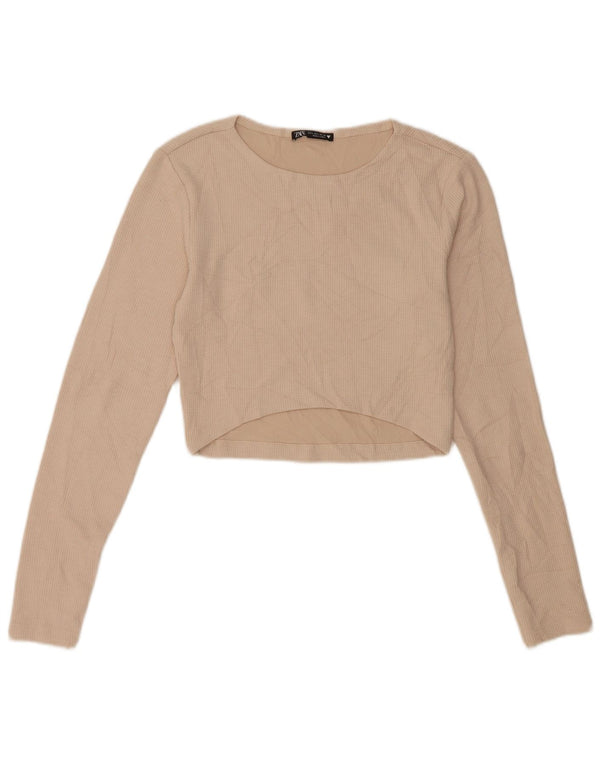 Zara Γυναικείο Crop Top Μακρυμάνικο UK 14 Large Beige Polyester