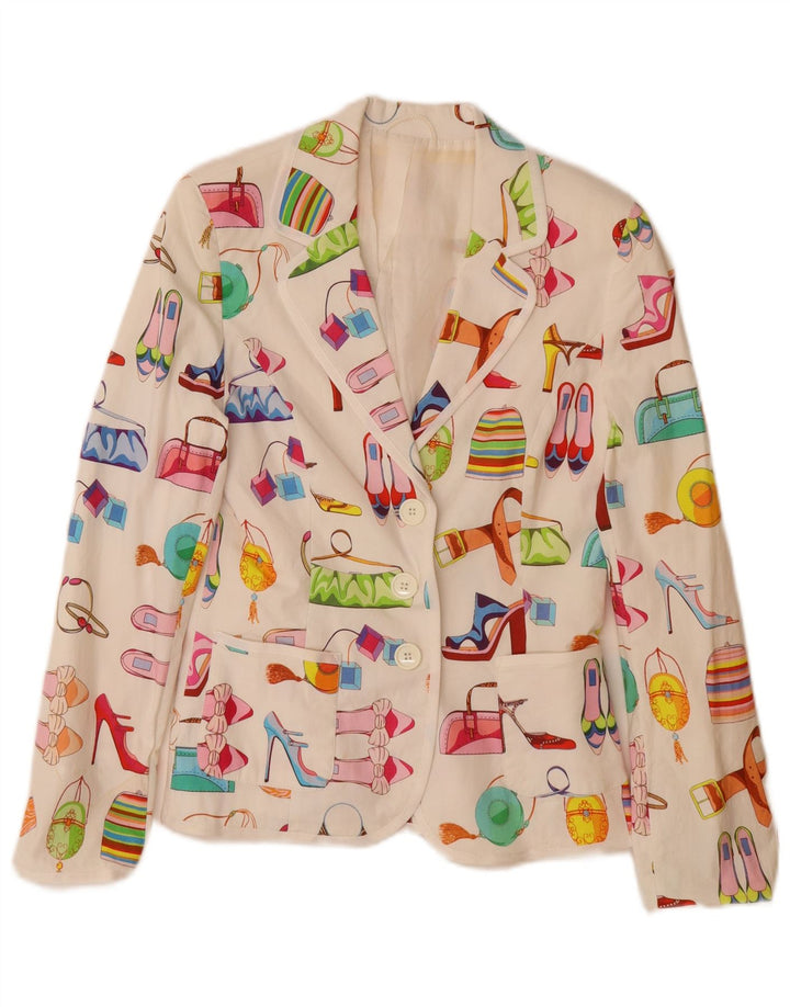 Vintage Γυναικείο Abstract Pattern Μπουφάν Blazer UK 12 Μεσαίο λευκό βαμβακερό