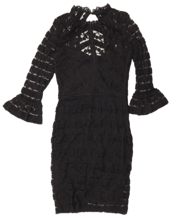 Lipsy Womens 3/4 Sleeve Lace Bodycon Dress UK 8 Small Black Floral Cotton