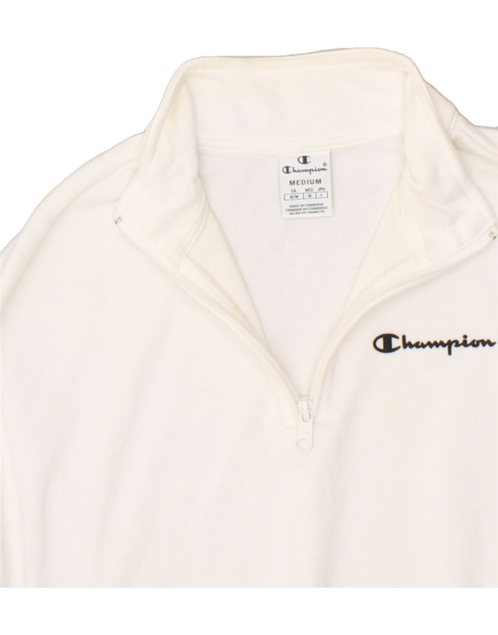 CHAMPION Womens Zip Neck Sweatshirt Jumper UK 14 Medium White Colourblock | Vintage Champion | Thrift | Second-Hand Champion | Used Clothing | Messina Hembry 