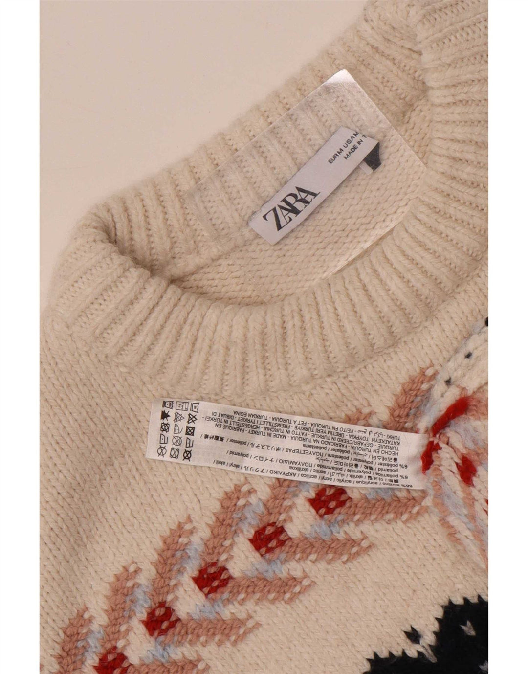 Zara Ανδρικό πουλόβερ με λαιμόκοψη με λαιμόκοψη Medium Off White Fair Isle Acrylic